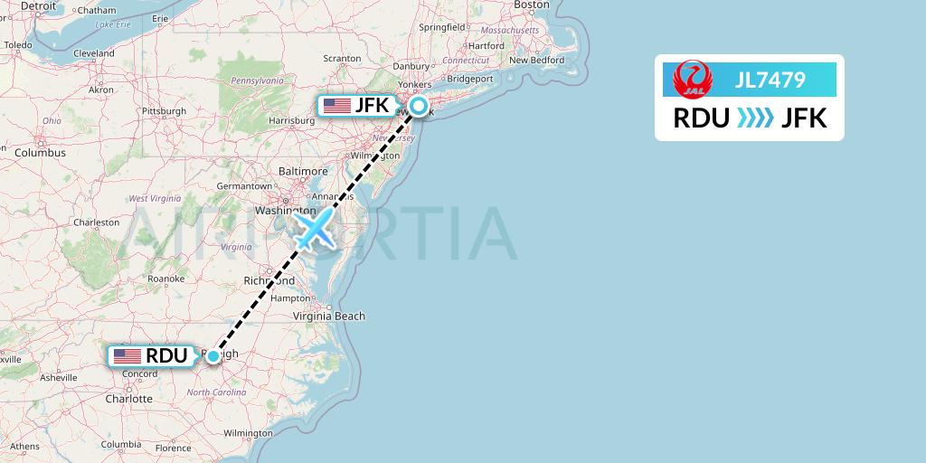 JL7479 Japan Airlines Flight Map: Raleigh-Durham to New York