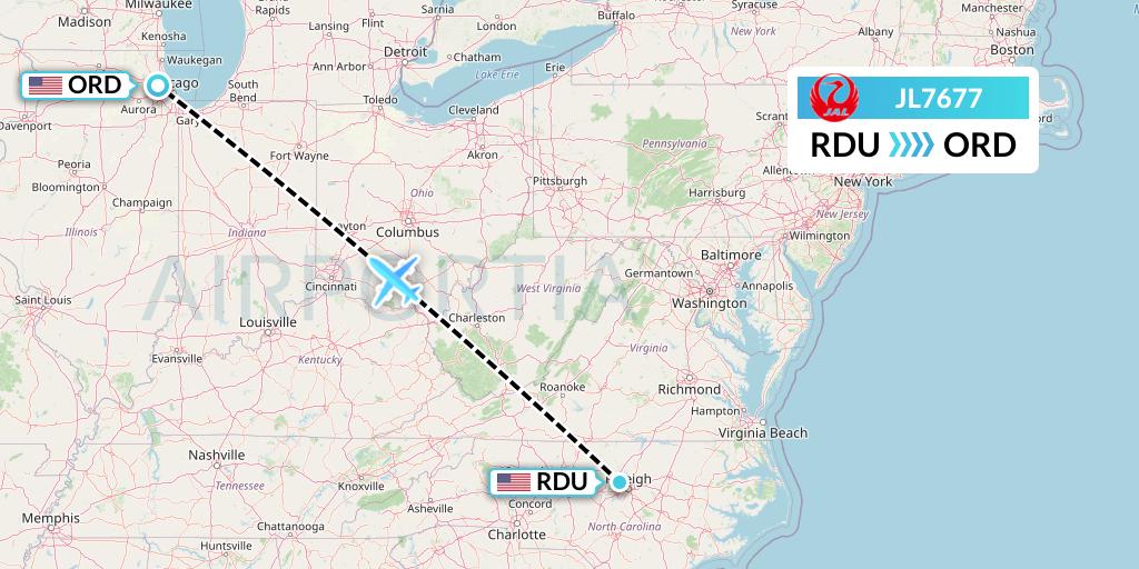 JL7677 Japan Airlines Flight Map: Raleigh-Durham to Chicago