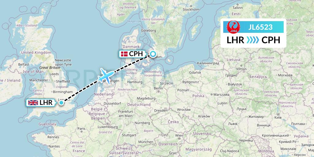 JL6523 Japan Airlines Flight Map: London to Copenhagen