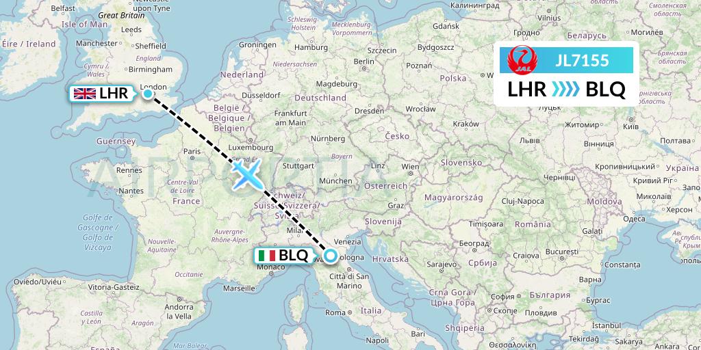 JL7155 Japan Airlines Flight Map: London to Bologna