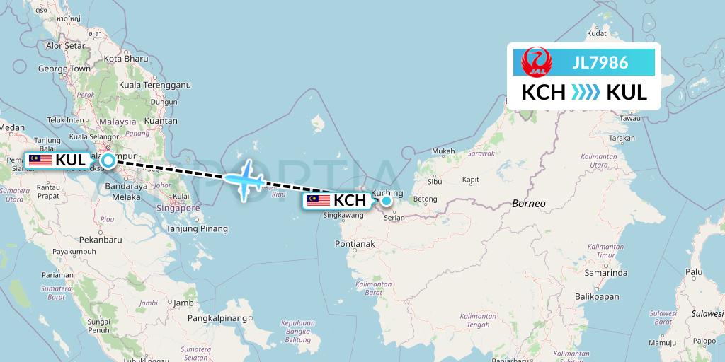 JL7986 Japan Airlines Flight Map: Kuching to Kuala Lumpur