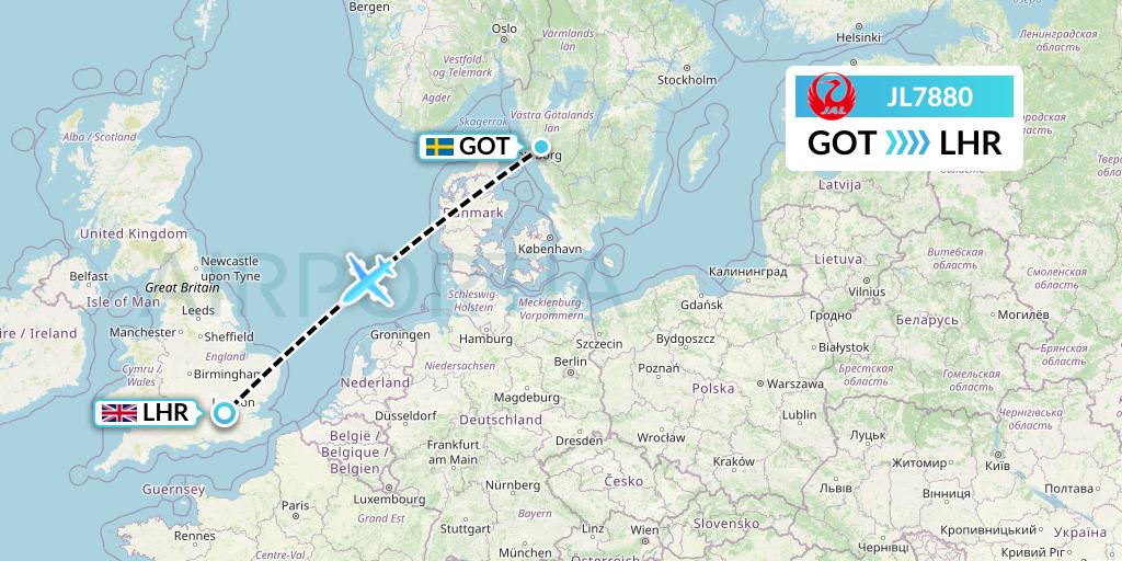 JL7880 Japan Airlines Flight Map: Gothenburg to London