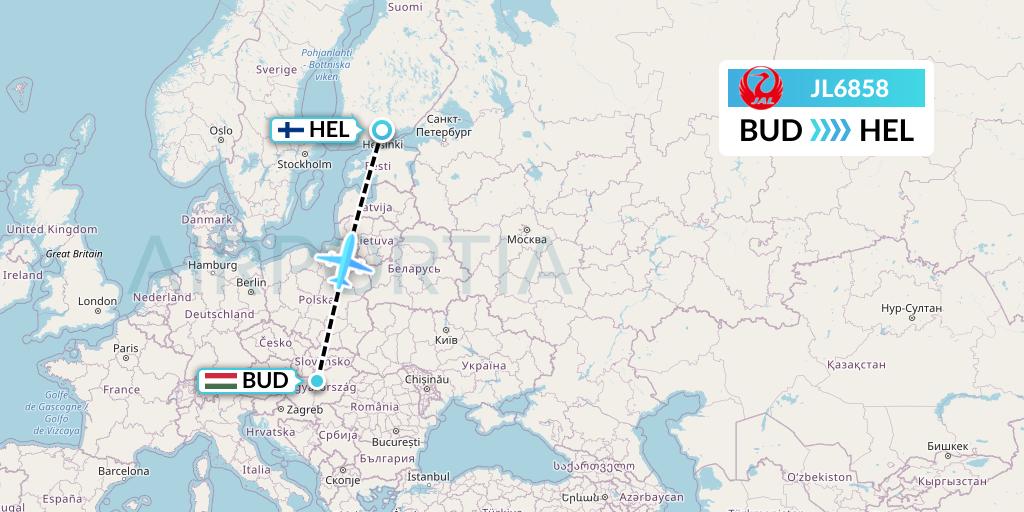 JL6858 Japan Airlines Flight Map: Budapest to Helsinki