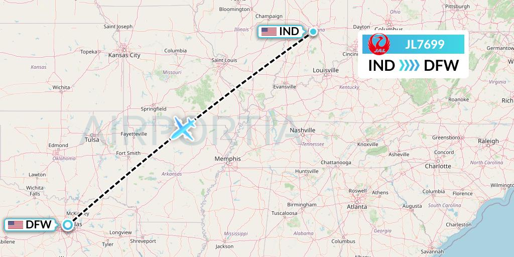 JL7699 Japan Airlines Flight Map: Indianapolis to Dallas