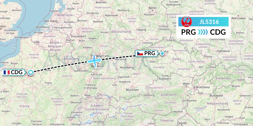 JL5316 Japan Airlines Flight Map: Prague to Paris