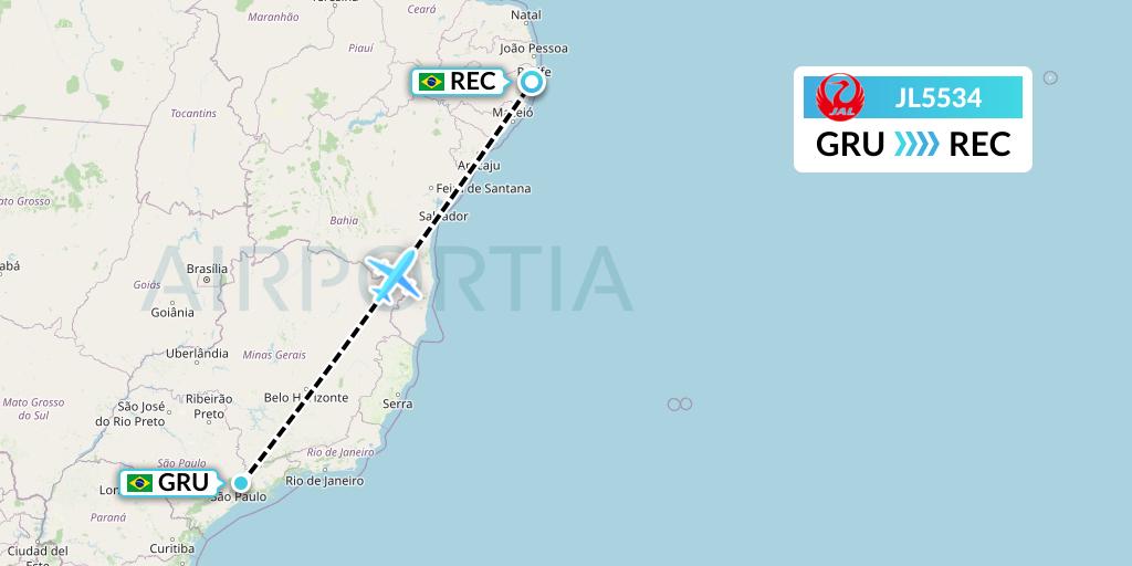 JL5534 Japan Airlines Flight Map: Sao Paulo to Recife