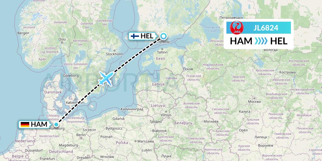 JL6824 Japan Airlines Flight Map: Hamburg to Helsinki