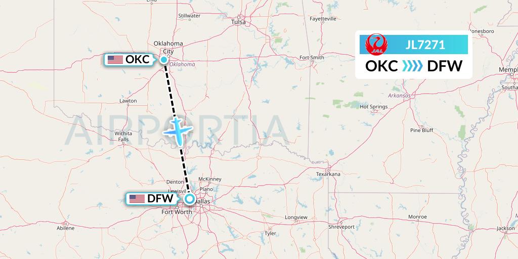 JL7271 Japan Airlines Flight Map: Oklahoma City to Dallas