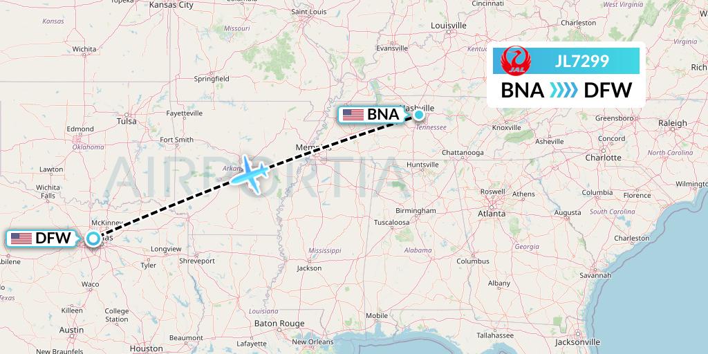 JL7299 Japan Airlines Flight Map: Nashville to Dallas