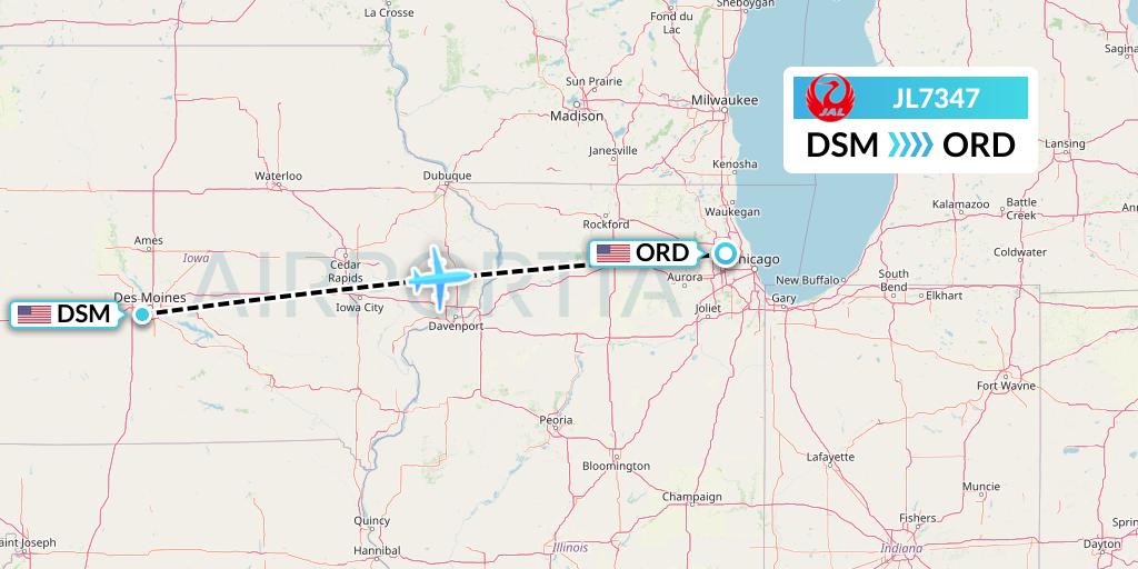 JL7347 Japan Airlines Flight Map: Des Moines to Chicago