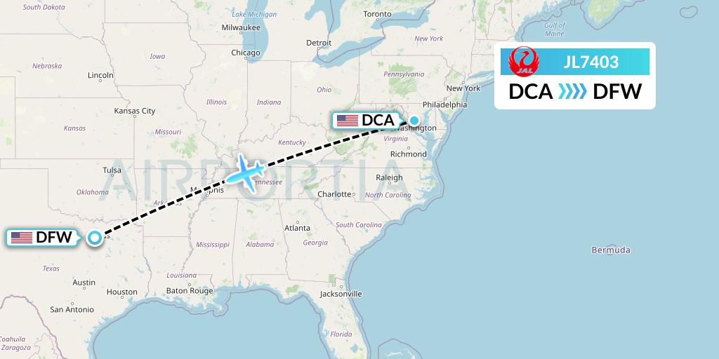 JL7403 Japan Airlines Flight Map: Washington to Dallas
