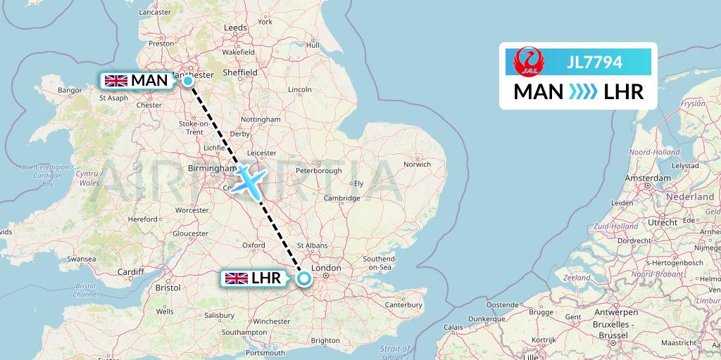 JL7794 Japan Airlines Flight Map: Manchester to London