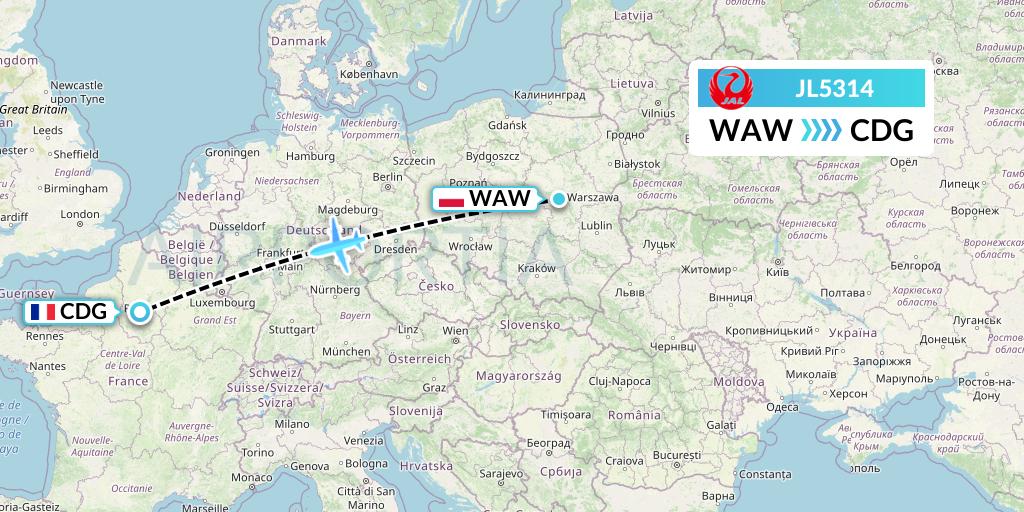 JL5314 Japan Airlines Flight Map: Warsaw to Paris