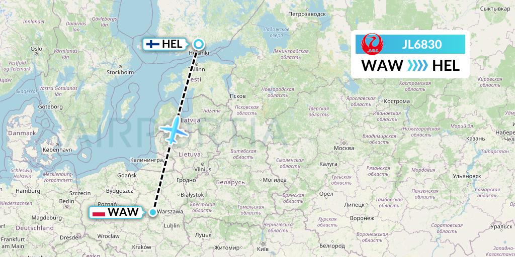 JL6830 Japan Airlines Flight Map: Warsaw to Helsinki