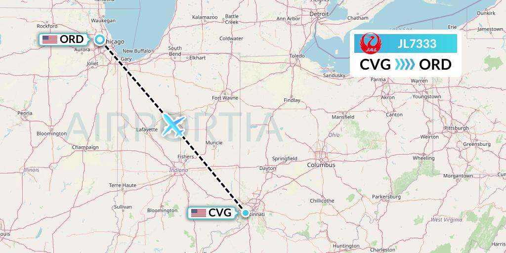 JL7333 Japan Airlines Flight Map: Cincinnati to Chicago