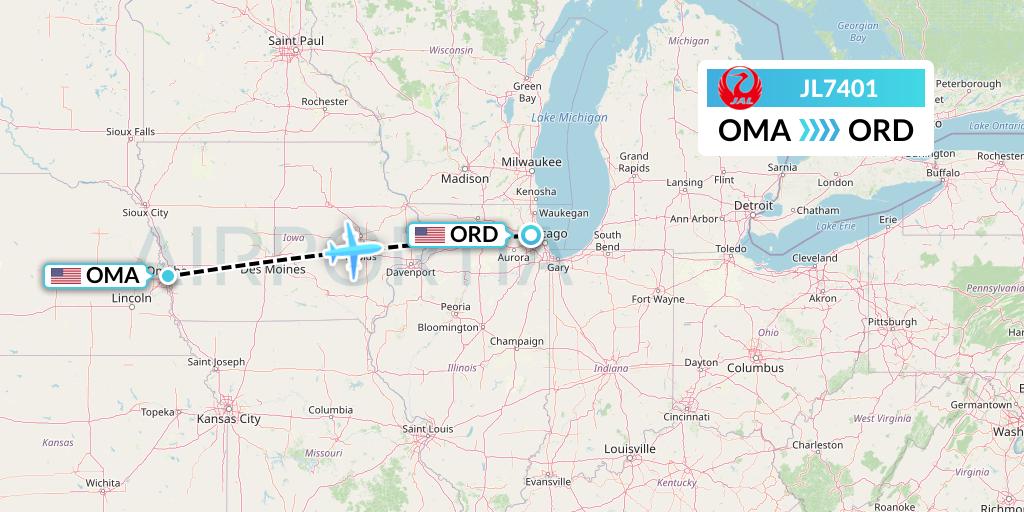 JL7401 Japan Airlines Flight Map: Omaha to Chicago