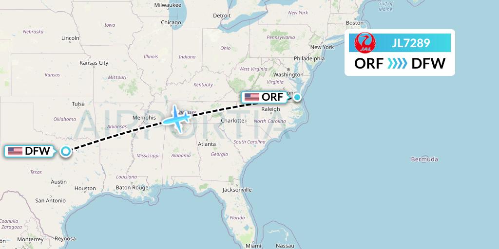 JL7289 Japan Airlines Flight Map: Norfolk to Dallas