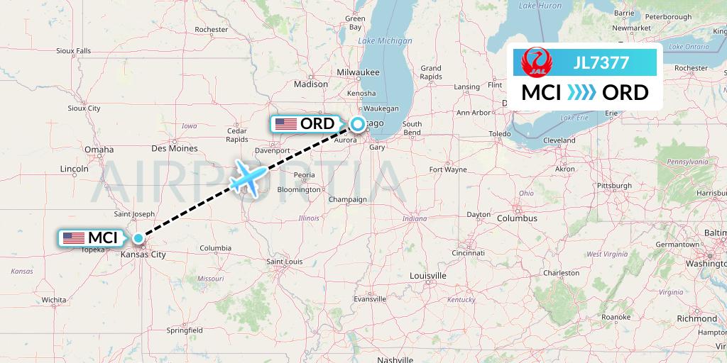 JL7377 Japan Airlines Flight Map: Kansas City to Chicago