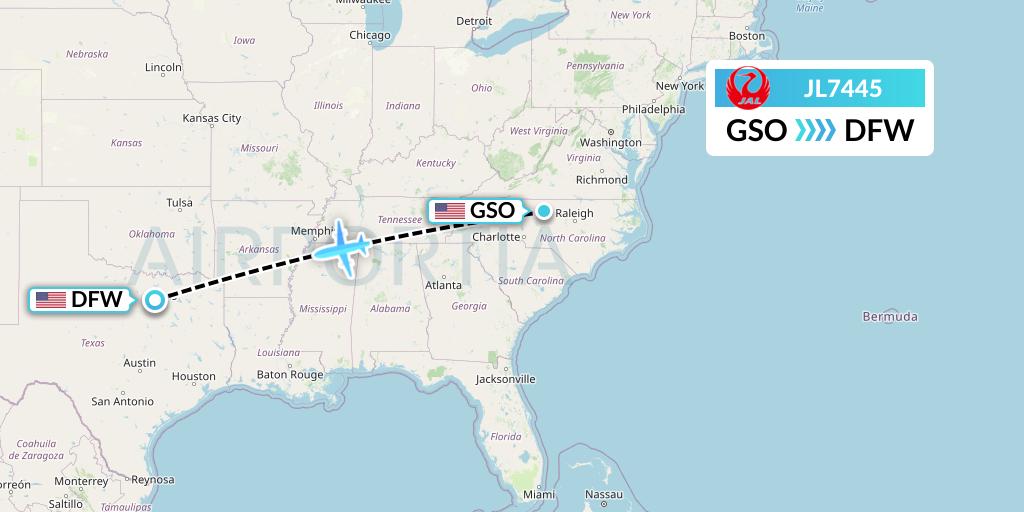 JL7445 Japan Airlines Flight Map: Greensboro to Dallas