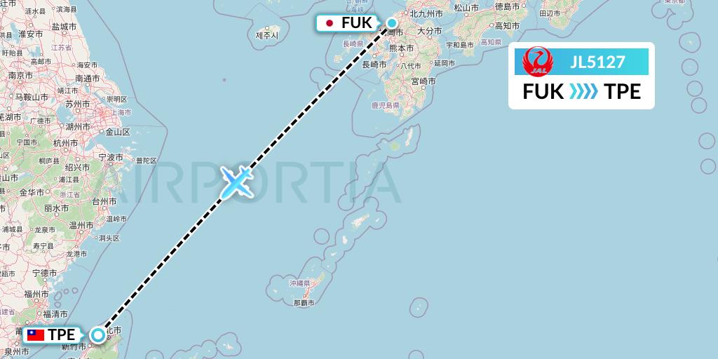 JL5127 Japan Airlines Flight Map: Fukuoka to Taipei