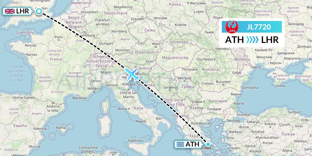 JL7720 Japan Airlines Flight Map: Athens to London