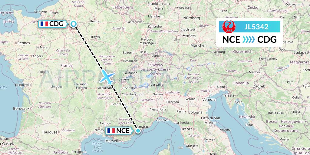 JL5342 Japan Airlines Flight Map: Nice to Paris