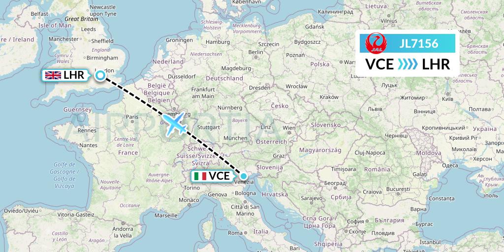 JL7156 Japan Airlines Flight Map: Venice to London
