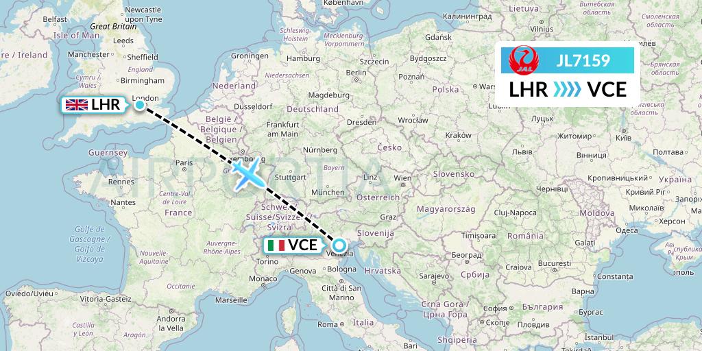 JL7159 Japan Airlines Flight Map: London to Venice