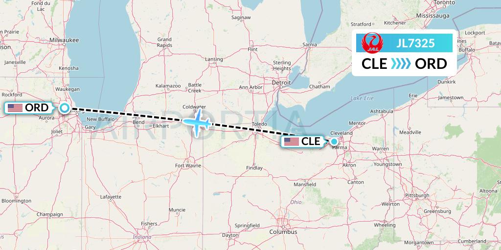 JL7325 Japan Airlines Flight Map: Cleveland to Chicago