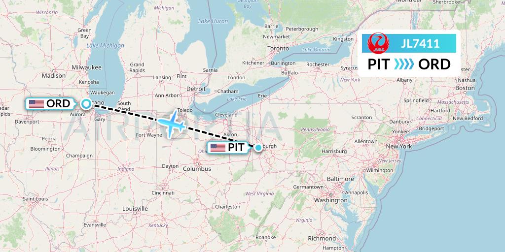 JL7411 Japan Airlines Flight Map: Pittsburgh to Chicago