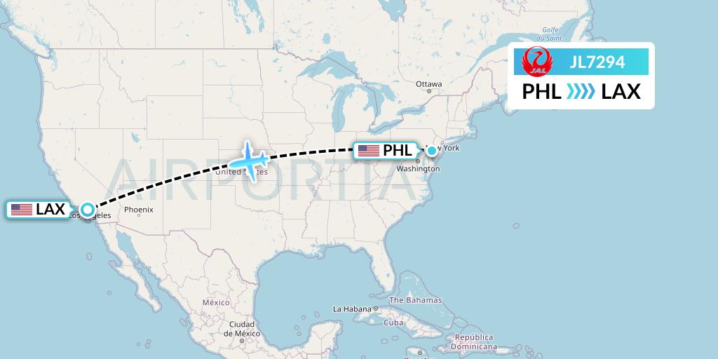 JL7294 Japan Airlines Flight Map: Philadelphia to Los Angeles