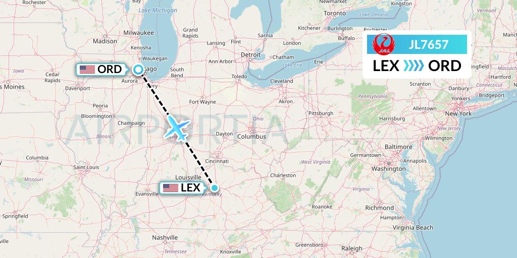 JL7657 Japan Airlines Flight Map: Lexington to Chicago