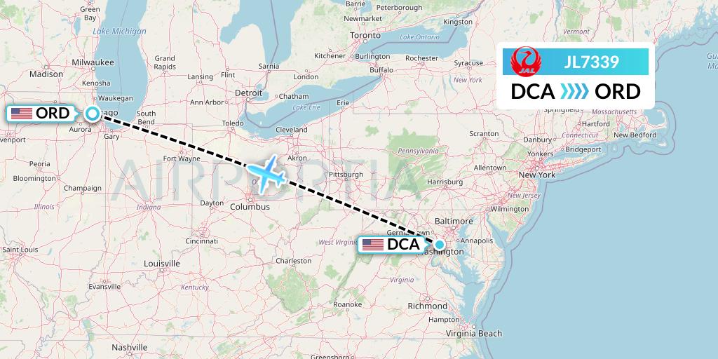 JL7339 Japan Airlines Flight Map: Washington to Chicago
