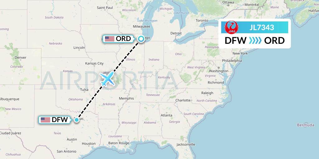 JL7343 Japan Airlines Flight Map: Dallas to Chicago