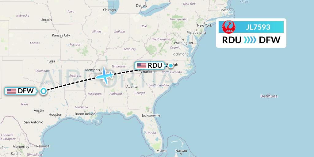 JL7593 Japan Airlines Flight Map: Raleigh-Durham to Dallas