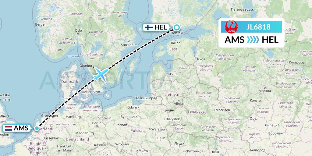 JL6818 Japan Airlines Flight Map: Amsterdam to Helsinki