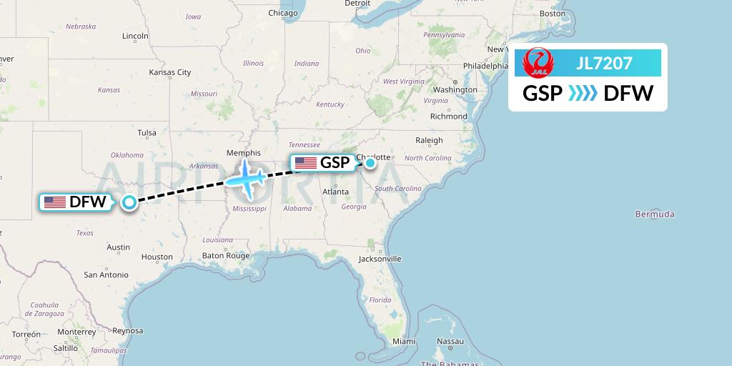 JL7207 Japan Airlines Flight Map: Greenville-Spartanburg to Dallas