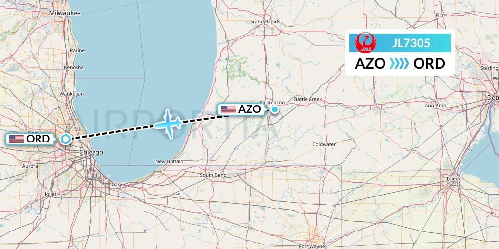 JL7305 Japan Airlines Flight Map: Kalamazoo to Chicago