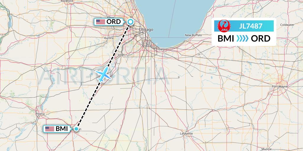 JL7487 Japan Airlines Flight Map: Bloomington to Chicago