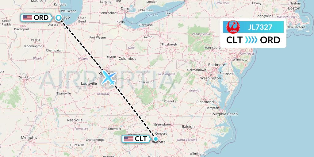 JL7327 Japan Airlines Flight Map: Charlotte to Chicago