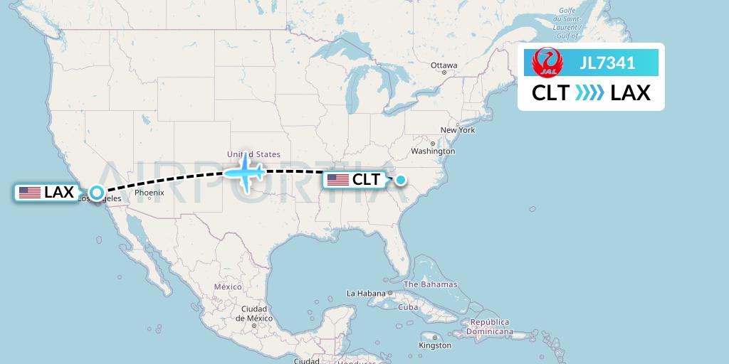 JL7341 Japan Airlines Flight Map: Charlotte to Los Angeles