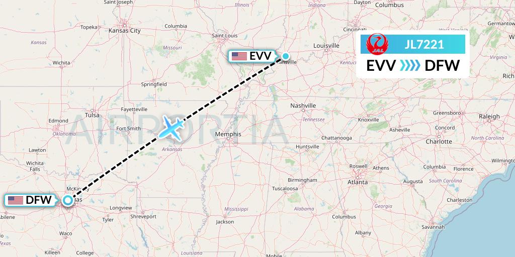 JL7221 Japan Airlines Flight Map: Evansville to Dallas