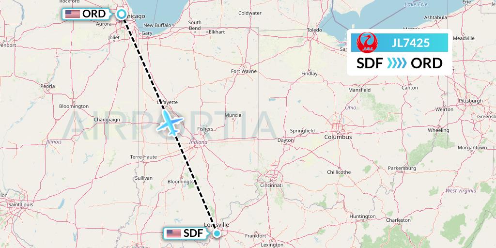 JL7425 Japan Airlines Flight Map: Louisville to Chicago