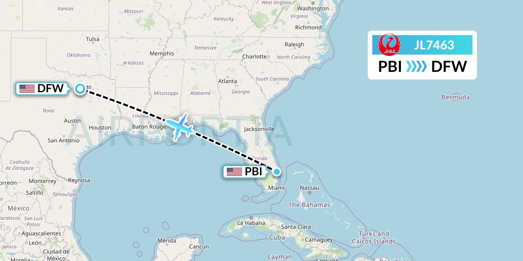 JL7463 Japan Airlines Flight Map: West Palm Beach to Dallas