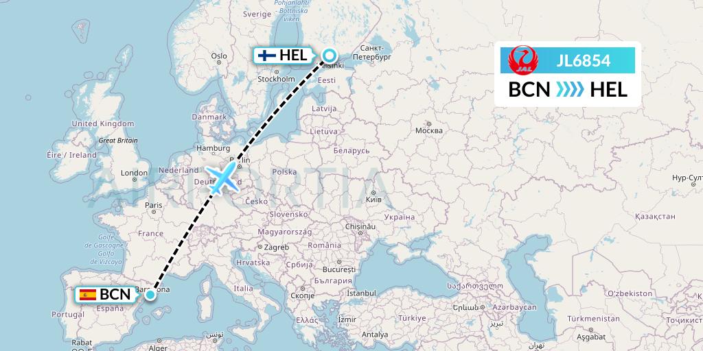 JL6854 Japan Airlines Flight Map: Barcelona to Helsinki