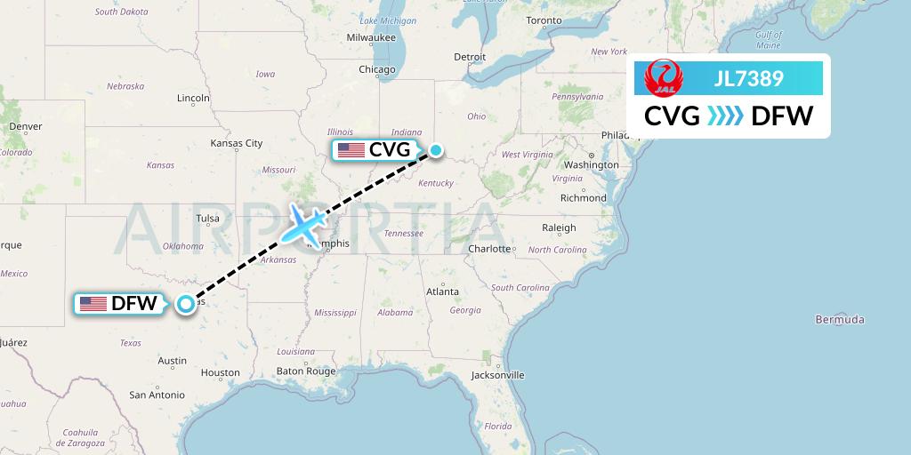 JL7389 Japan Airlines Flight Map: Cincinnati to Dallas