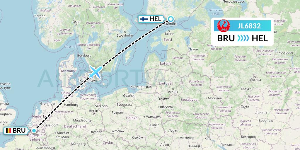 JL6832 Japan Airlines Flight Map: Brussels to Helsinki