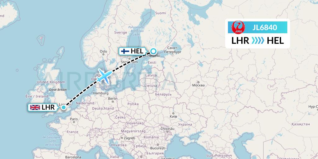 JL6840 Japan Airlines Flight Map: London to Helsinki