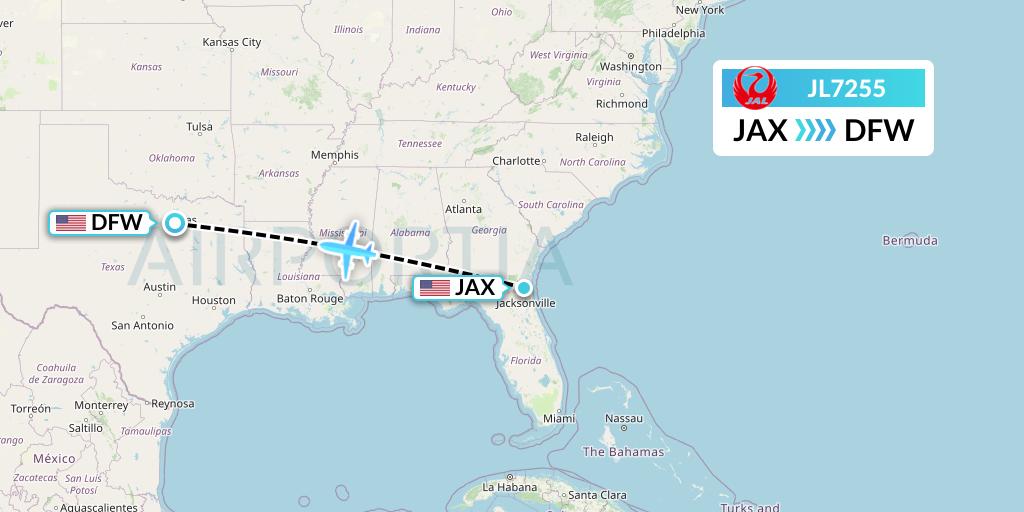 JL7255 Japan Airlines Flight Map: Jacksonville to Dallas