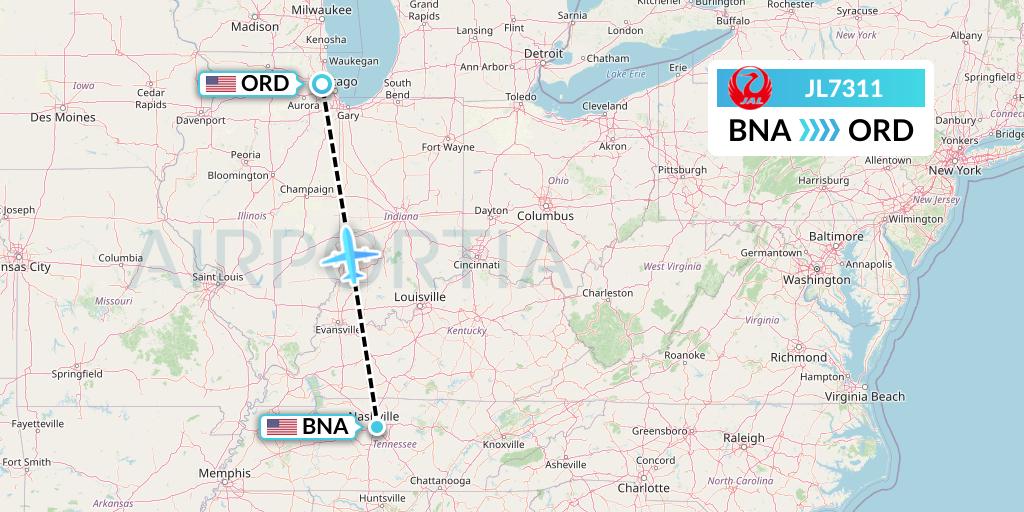 JL7311 Japan Airlines Flight Map: Nashville to Chicago
